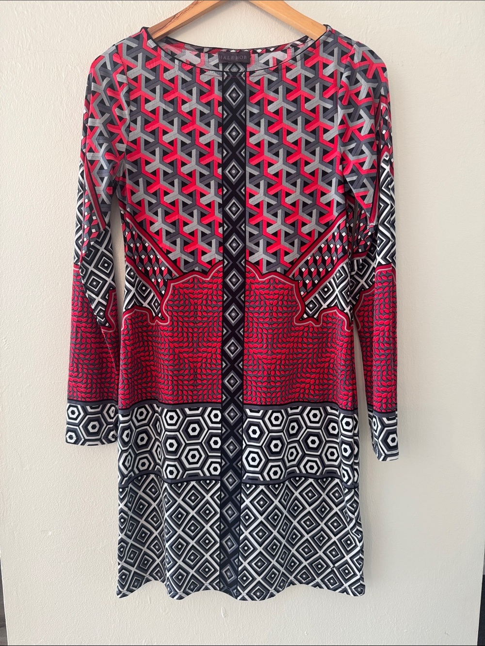 Hale Bob Dress Womens XS Geometric Red Long Sleeve Stretch